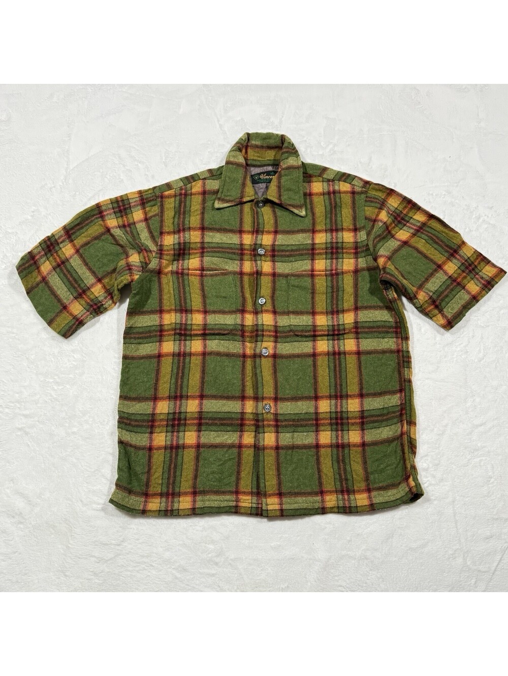 Sm Vintage 1970s Vincent Brand Green Yellow Red WOOL Nylon Plaid Button-Up Shirt
